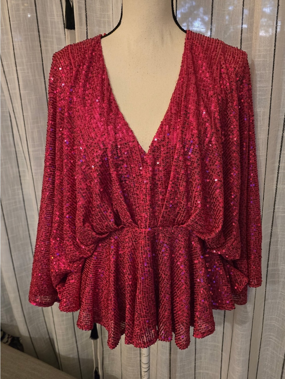 Flying Tomato Fuchsia Sequin V-Neck Peplum Tunic